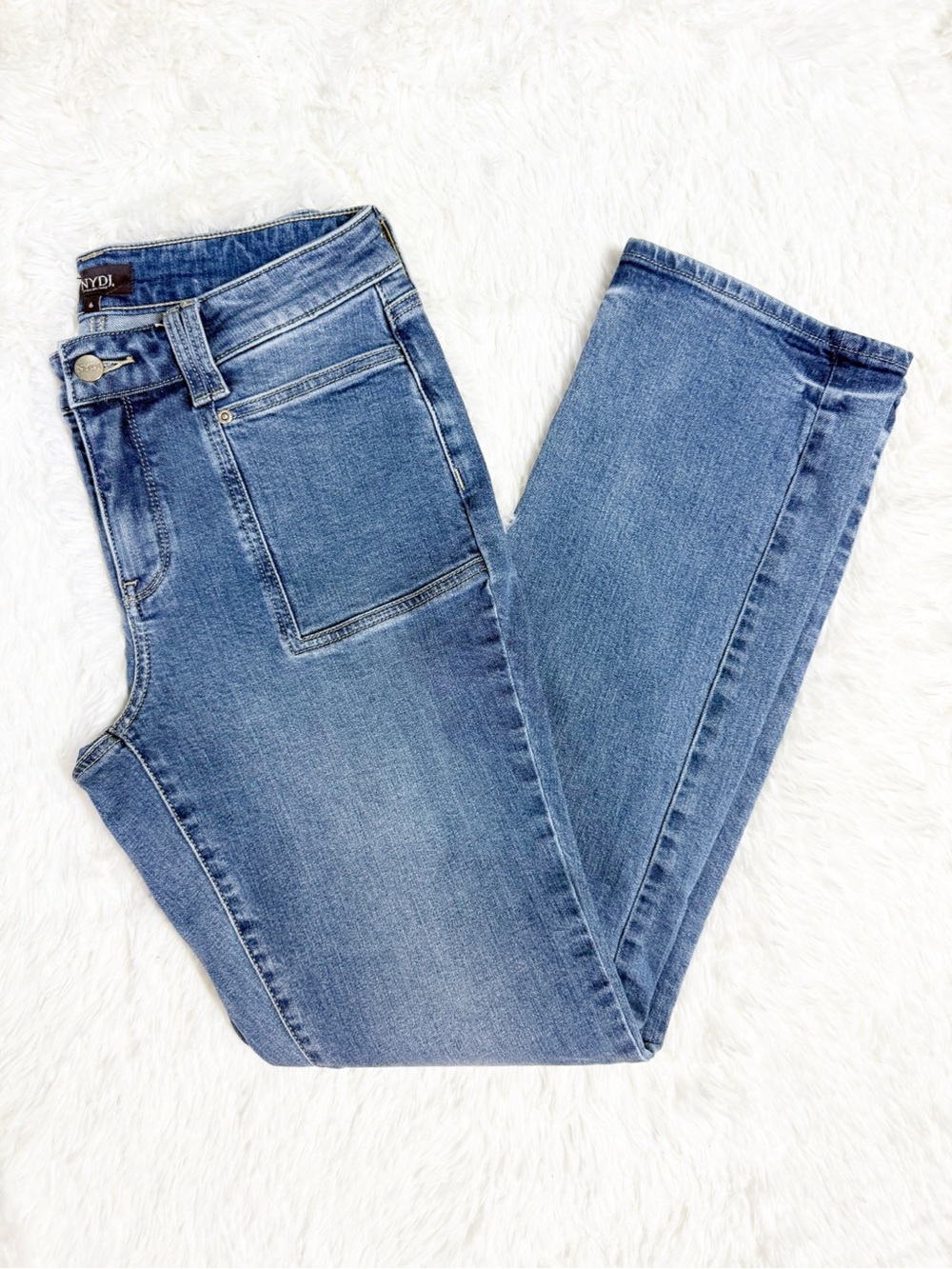 NYDJ Marilyn Straight Jeans Size 6 Blue Square Front Pockets Stretch Denim
